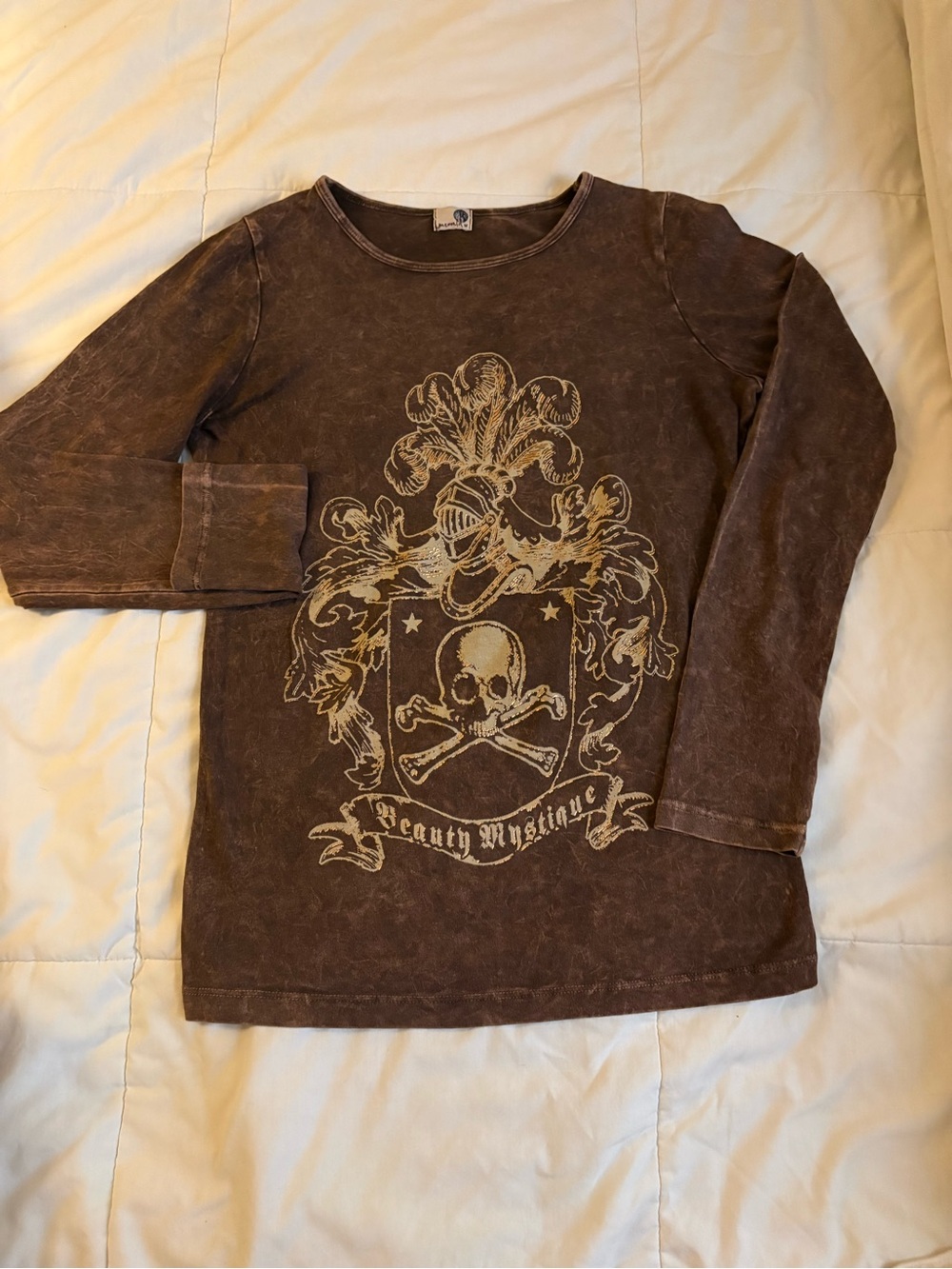 ONE WORLD Brown Long Sleeve Tee with Cream Skull Crest